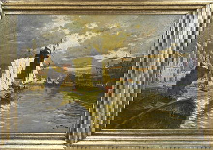 Max Fritz, North German port with ships: Max Fritz. German School. 1849 - 1913. North German harbour with ships and figure in rowing boat. Oil on canvas. Dimensions: H 65 x W 95 cm. In good condition.