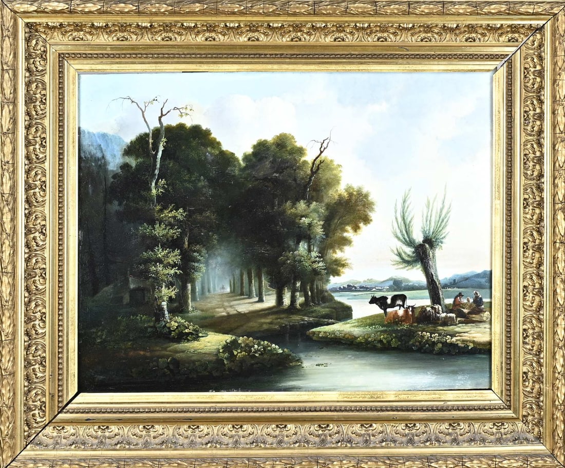 Unsigned? Landscape with forest path: Unsigned? Circa 1840. European School. Landscape with forest path, cattle and figures. Oil on panel. Dimensions: H 50 x W 65 cm. In good condition.