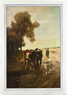 Henry Schouten, Landscape with farmer and cows: Henry Schouten. 1857 - 1927. Belgian School. Landscape with farmer and cows. Oil on canvas. Dimensions: H 90 x W 60 cm. In good condition.