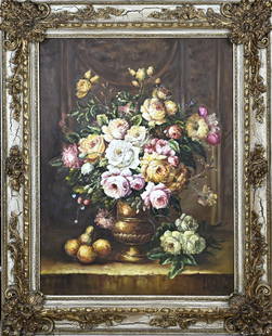 Binard?, Still life with roses: Binard? 21st Century. Large still life with roses, with capital frame. Oil on linen. Dimensions: H 124 x W 92 cm. In good condition.