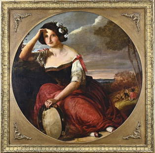 Frago H. Traconar? Spanish lady with tambourine: Frago H. Traconar? 18th Century. Spanish lady with tambourine in landscape. Older relining + restoration. Oil on linen. Dimensions: H 73 x W 73 cm. In reasonable/good condition.