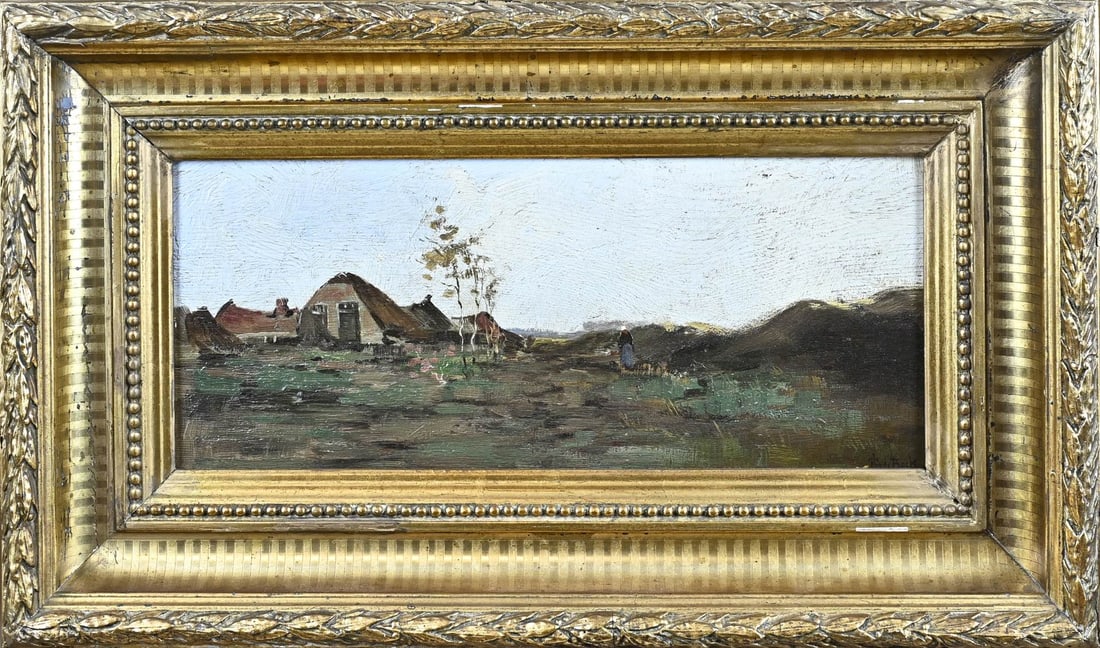 Theophile de Bock, Landscape with a farm: Theophile de Bock. Landscape with farm and farmer's wife. Oil on panel. Dimensions: H 17 x W 40 cm. In good condition.