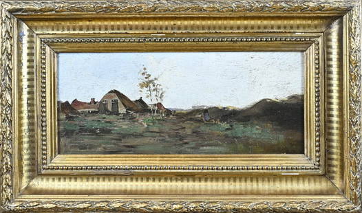 Theophile de Bock, Landscape with a farm: Theophile de Bock. Landscape with farm and farmer's wife. Oil on panel. Dimensions: H 17 x W 40 cm. In good condition.