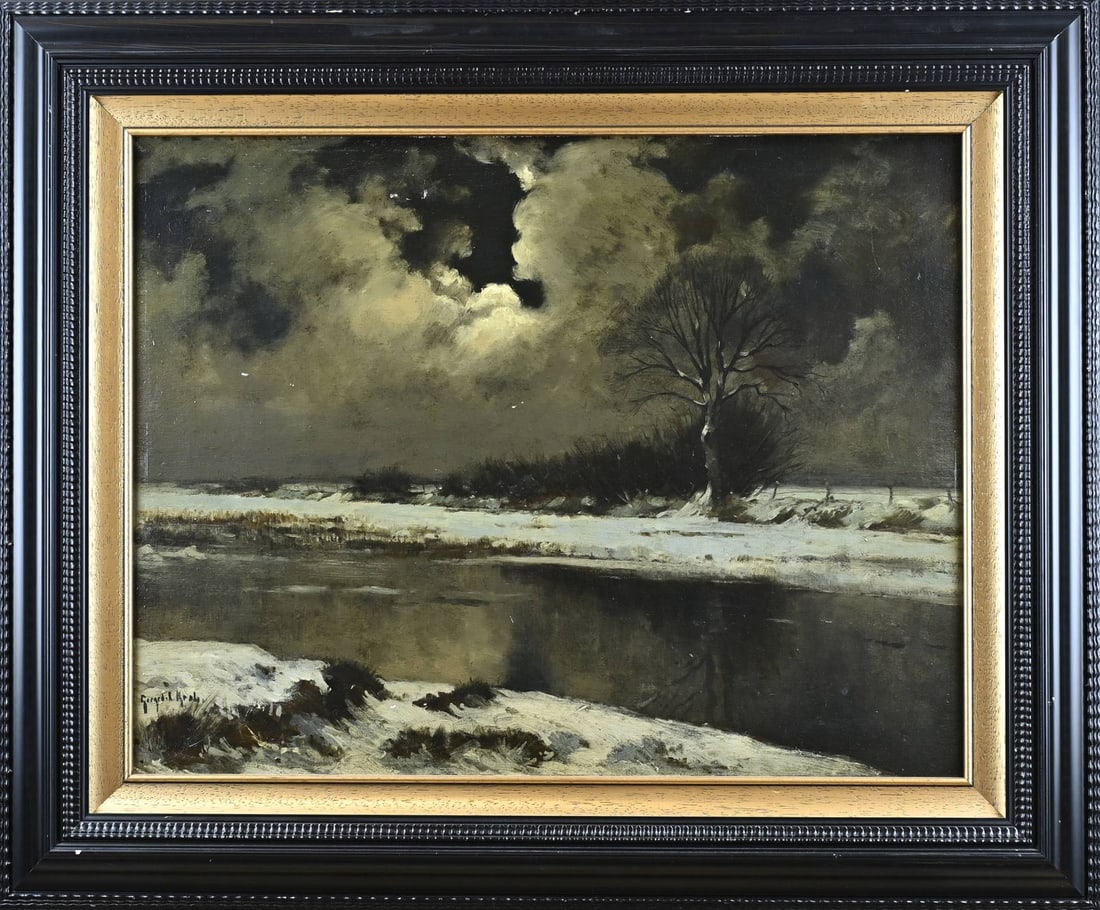 Gerard Krol, Aamsveen in the winter: Gerard Krol. 1882 - 1950 Enschede. Aamsveen at night in winter. Oil on board. Dimensions: H 50 x W 60 cm. In good condition.