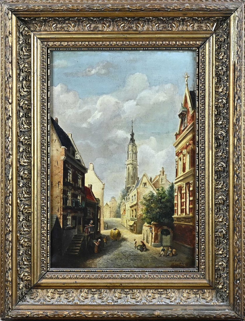 JJ Vielvoye, Cityscape: JJ Vielvoye. 1882. Cityscape with figures. Oil on canvas. Marouflé. Dimensions: H 32 x W 23 cm. In good condition.