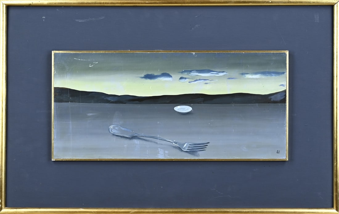 Eberhard Schlotter, Surrealist: Eberhard Schlotter, 1921. German School. Surrealistic landscape with fork and dish. Oil on panel. Dimensions: H 23 x W 48 cm. In reasonable/good condition.