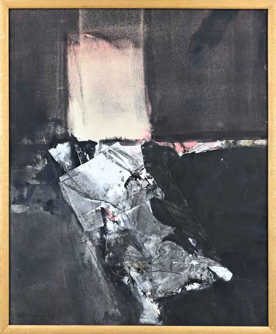 Henk Schuring, Modern composition: Henk Schuring. Modern composition. Mixed media on paper. Dimensions: H 65 x W 55 cm. In good condition.