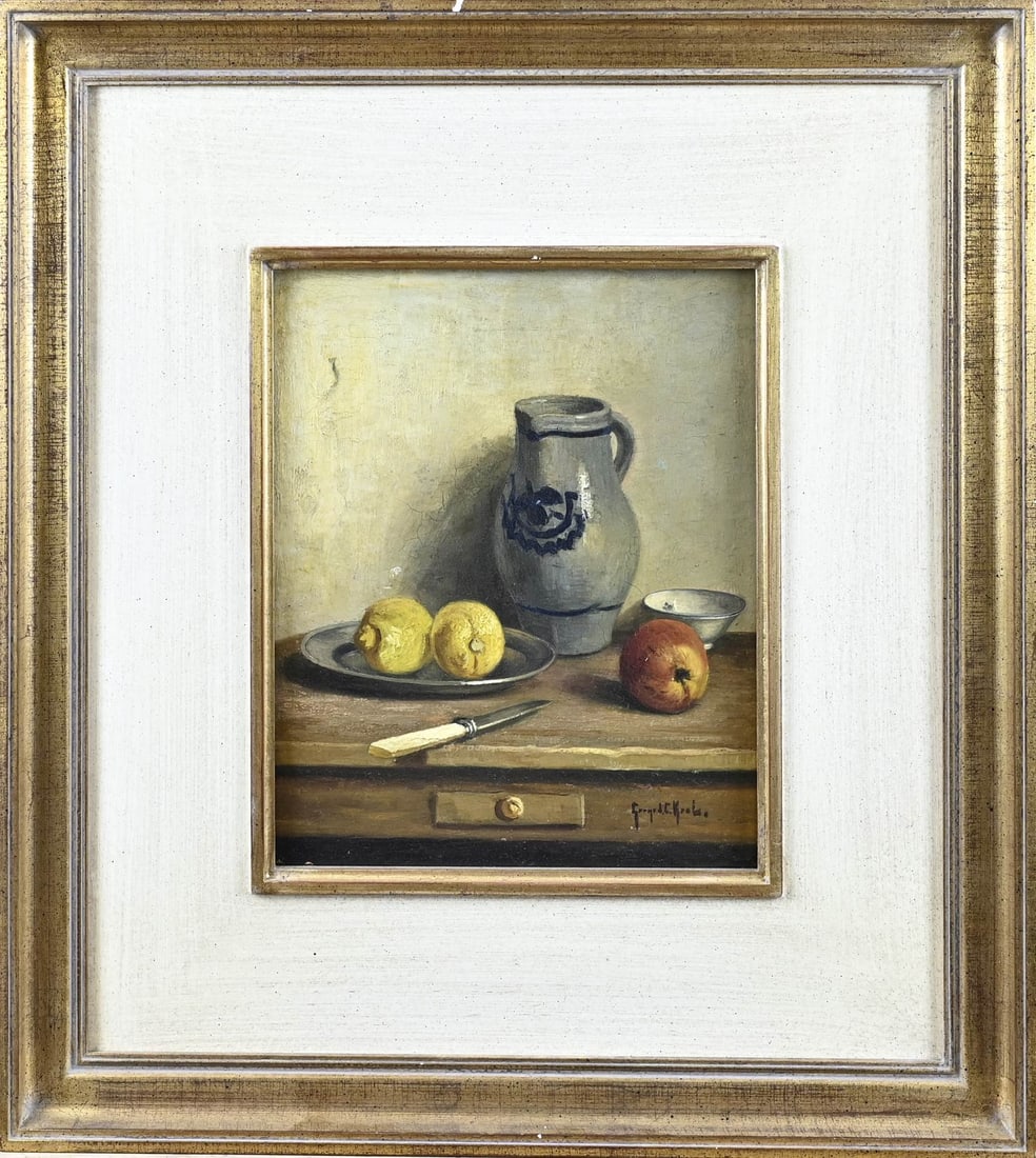Gerard Krol, Still life with Cologne pot: Gerard Krol. 1882 - 1950 Enschede. Still life with Cologne pot and fruit. Oil on panel. Dimensions: H 27 x W 22 cm. In good condition.