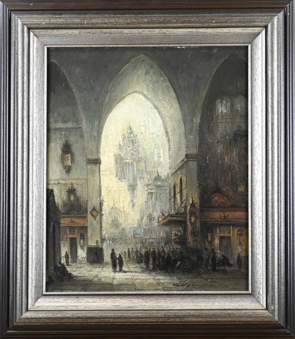 G. Nijland, Church interior: Gerard Nijland. 1931. Dutch church interior with figures. Oil on linen. Dimensions: H 60 x W 50 cm. In good condition.