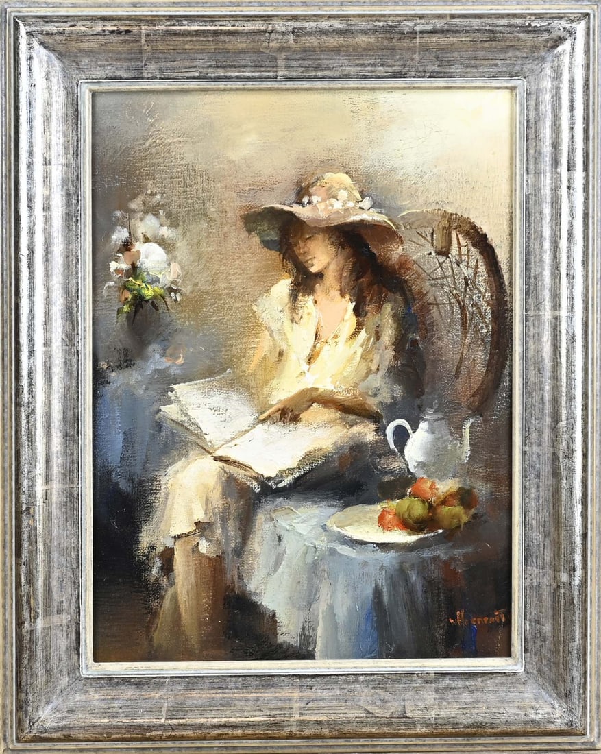 Willem Haenraets, Reading woman with hat: Willem Haenraets. 1940. Dutch School. Reading woman with hat. Oil on linen. Dimensions: H 40x W 30 cm. In good condition.
