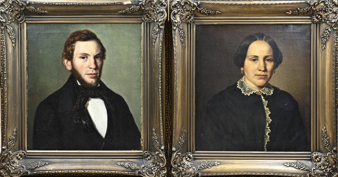 2x J. Velten, portrait of man + portrait of woman: Two German Biedermeier portraits by J. Velten 1853. Man + woman portrait. Oil on canvas. Dimensions: H 52 x W 47 cm. In good condition.