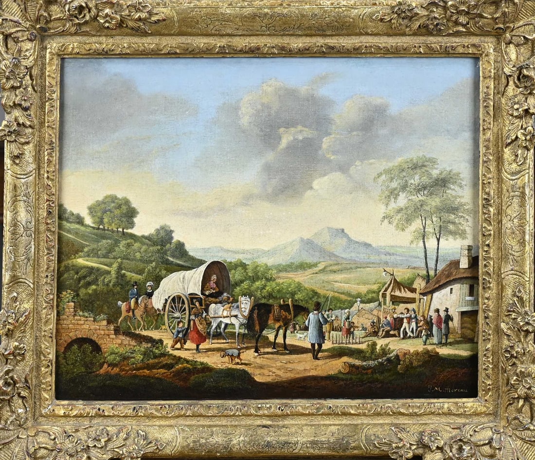 JM Moreau, Mountainous landscape: JM Moreau. 1741 - 1814. French School. Mountainous landscape with figures. Oil on canvas. Dimensions: H 31.5 x W 41 cm. In good condition.