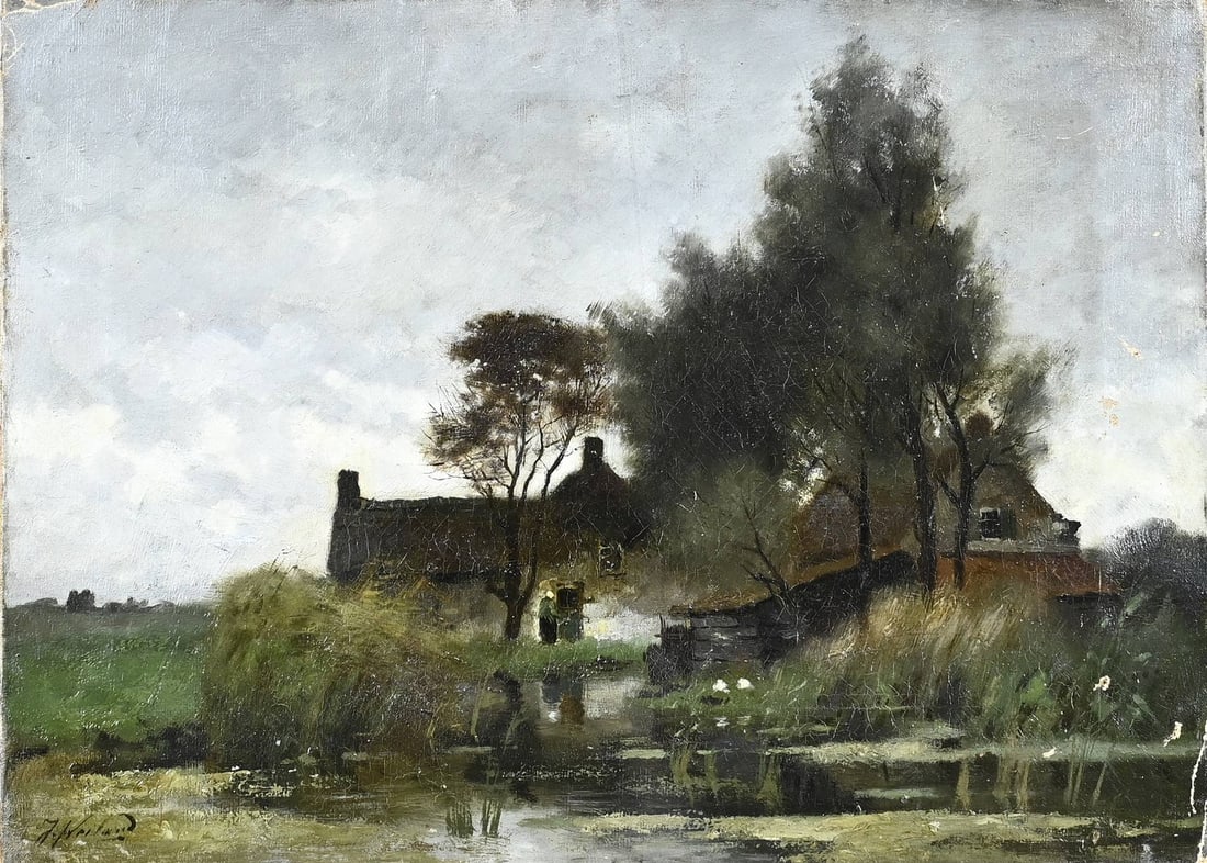 Johannes Weiland, Farm with farmer's wife: Johannes Weiland. 1856 - 1909. Farm with farmer's wife. Oil on canvas. Needs restoration. Dimensions: H 40 x W 55 cm. In reasonable condition.