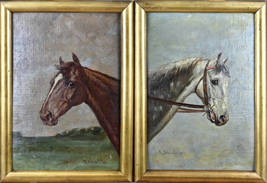 Pendant Th. Schröder, Horse portraits: Pendant Th. Schröder 25. German School. Two horse portraits. Oil on canvas. Marouflé. Dimensions: H 37 x W 27 cm. In good condition.