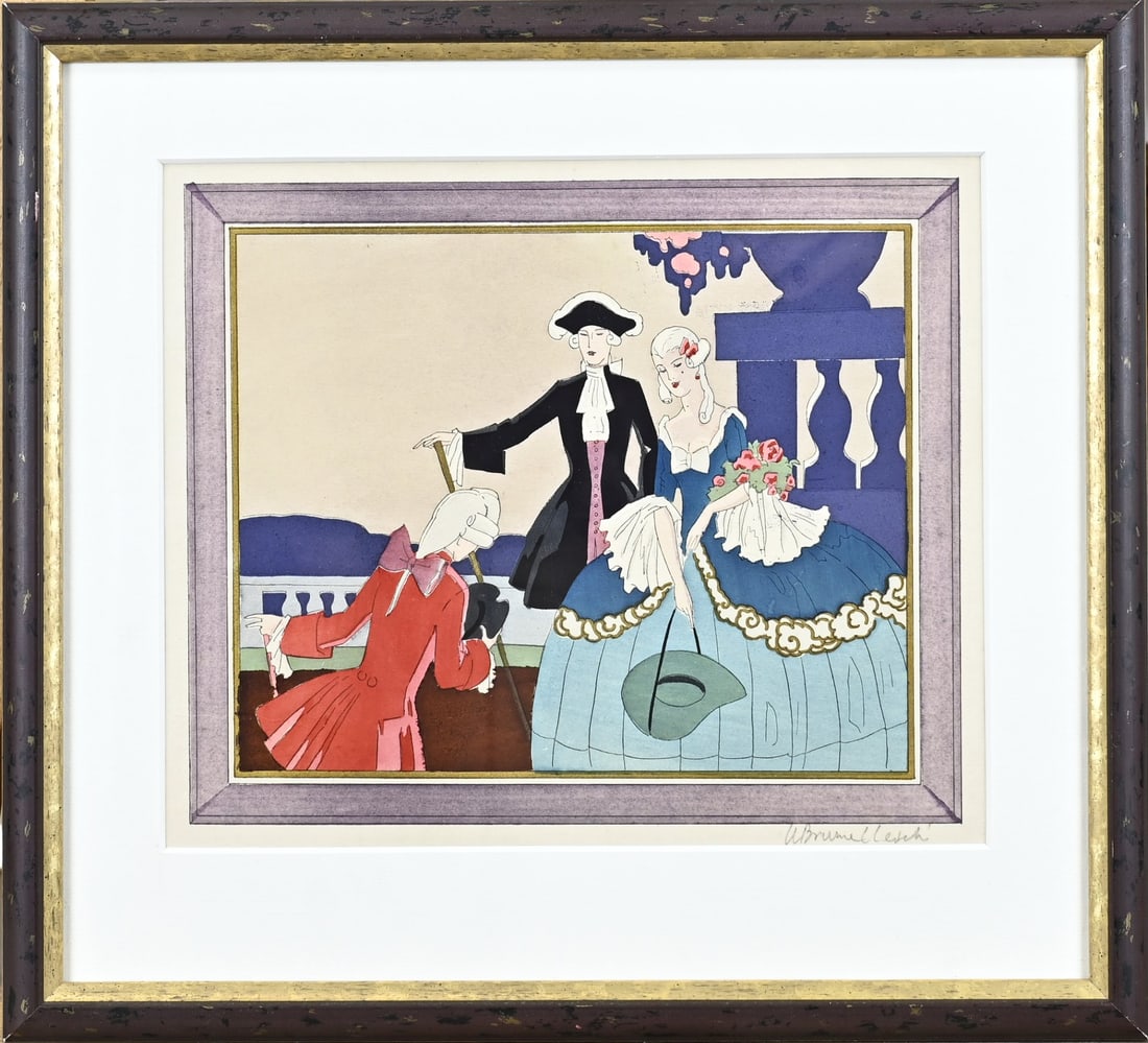 U. Brunelleschi, Figures at the Balcony: U. Brunelleschi. 1879 - 1949. Figures at balcony. Gouache on paper. Dimensions: H 21 x W 25 cm. In good condition.