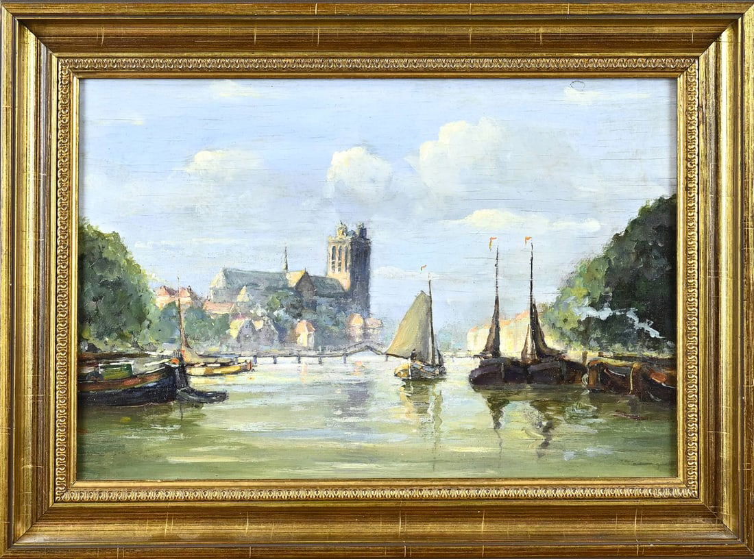 Verso Mijnsbergen, Harbour view Dordrecht: Verso Mijnsbergen. Harbour view Dordrecht. Oil on panel. Dimensions: H 23 x W 35 cm. In good condition.