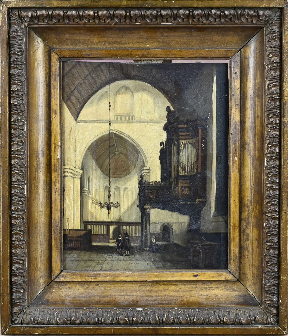 Unsigned, Dutch church interior: Unsigned. Dutch church interior. Dutch School. Circa 1890. Oil on panel. Dimensions: H 23 x W 18.3 cm. In good condition.