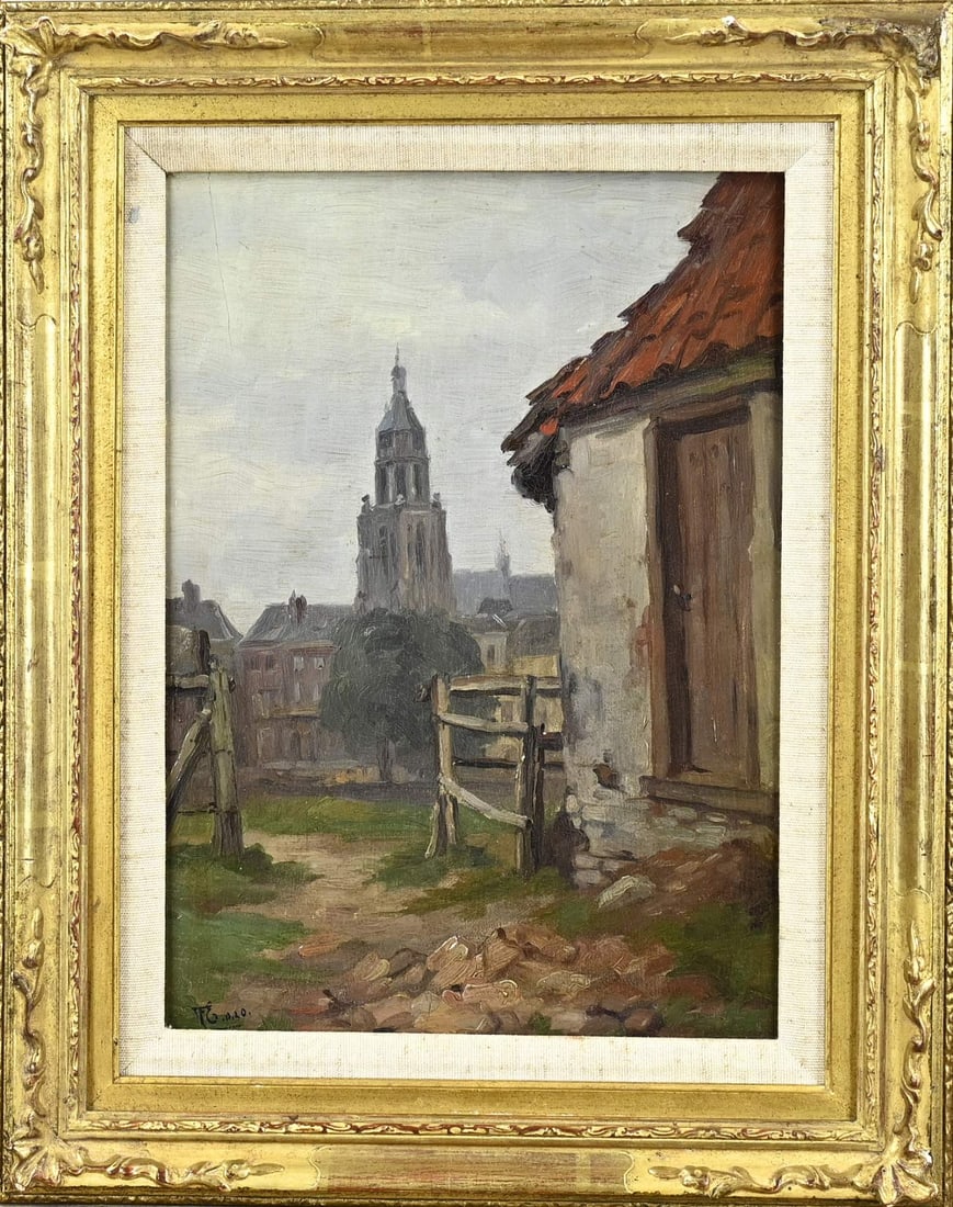 Frans Everbag, Cityscape Arnhem: Frans Everbag. 1877 - 1947. Cityscape Arnhem. Oil on panel. Dimensions: H 28 x W 20.5 cm. In good condition.