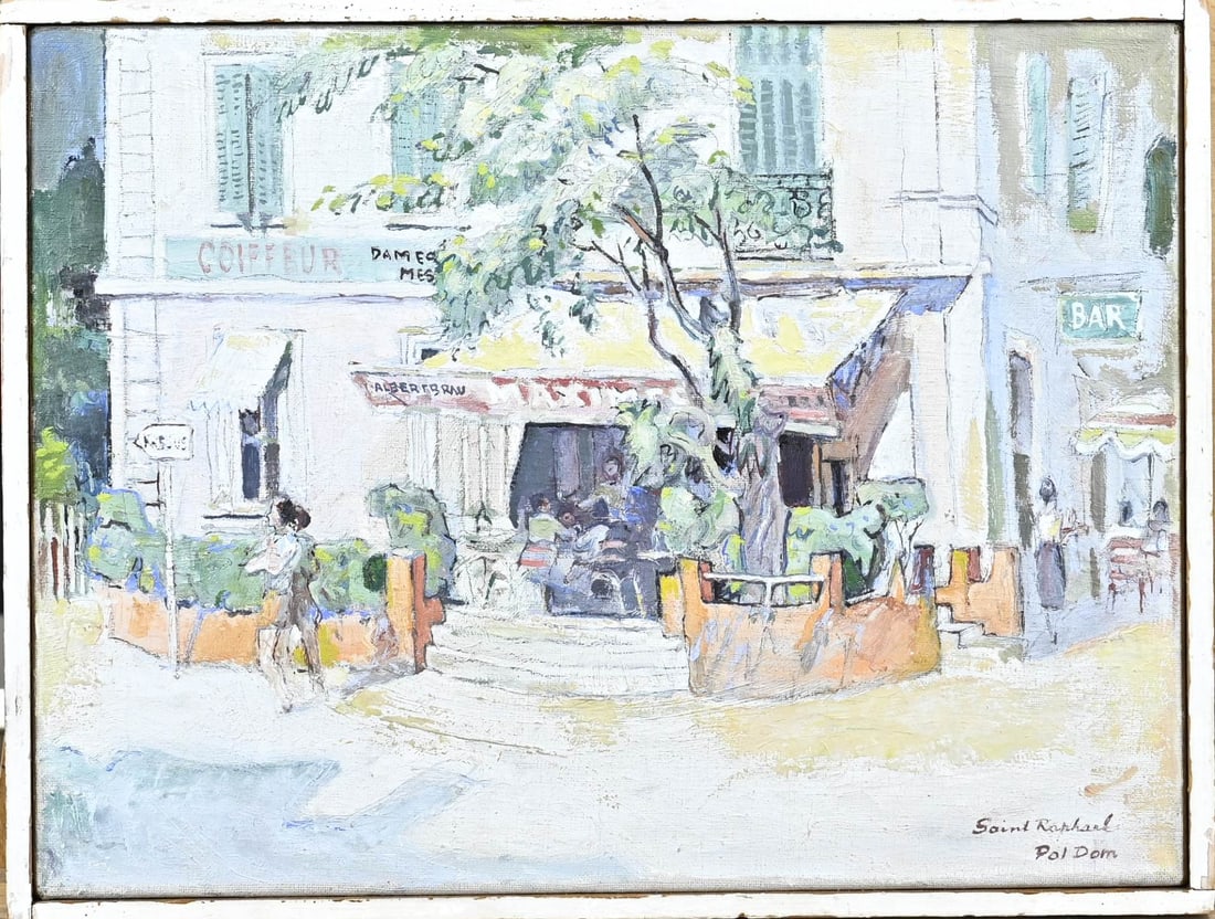 Pol Dom, Terrace with figures Saint Raphael: Pol Dom. 1885 - 1978. Terrace with figures Saint Raphaël. Oil on canvas. Dimensions: H 30 x W 40 cm. In good condition.