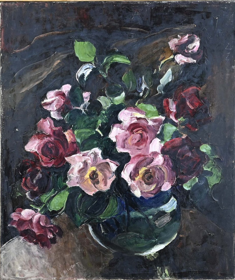 Elise Dom, Still life: Elise Dom. 1913 - 2021. Still life, glass ball vase with roses. Oil on canvas. Dimensions: H 76 x W 63 cm. In good condition.