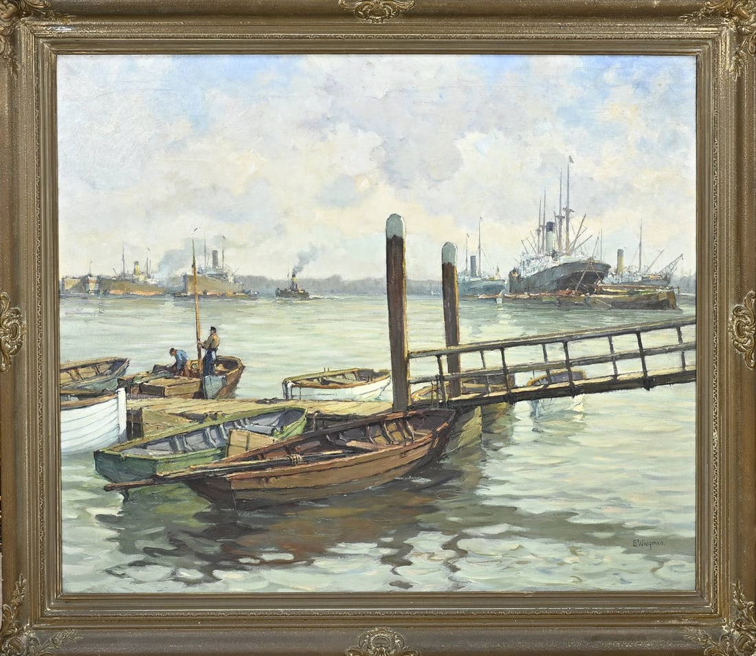 Gerard Wiegman, Port of Rotterdam: Gerard Wiegman. 1875 - 1964. Rotterdam harbour with ships and figures. Oil on canvas. Dimensions: H 90 x W 110 cm. In good condition.
