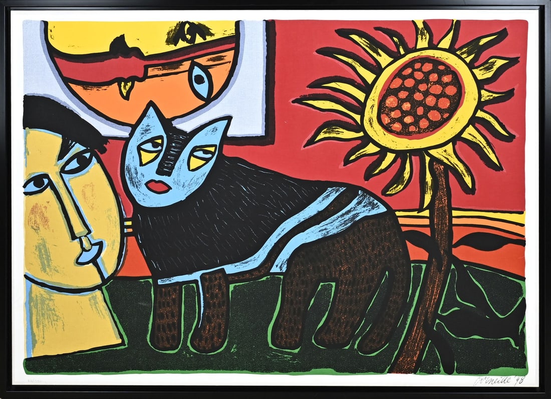 Guilliaume Corneille, Figurative: Guilliaume Corneille, 1998. Silkprint. Figurative lithograph on silk canvas (Texoprint). Dimensions: H 90 x W 128 cm. In good condition.