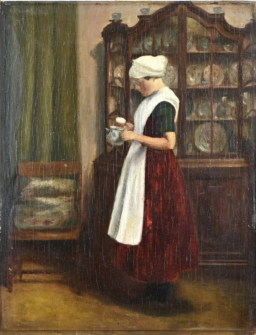 Unsigned, Maid at China Cabinet: Unsigned. Circa 1900. Maid at china shop. Oil on panel. Dimensions: H 39 x W 30 cm. In good condition.