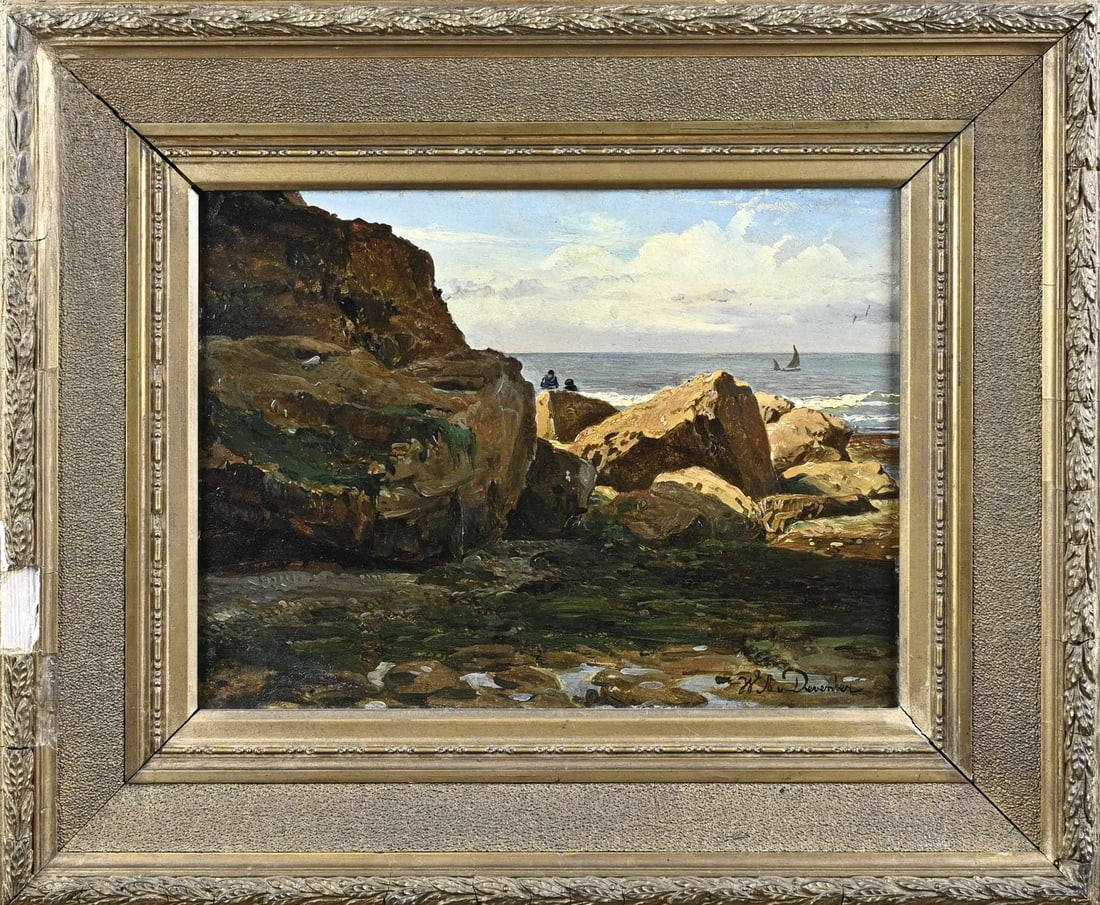 WA van Deventer, Coastal view: WA van Deventer. Dutch School. Circa 1900. Coastal view with boulder, sailing ship and figures. Oil on painter's cardboard. Dimensions: H 25 x W 32 cm. In good condition.
