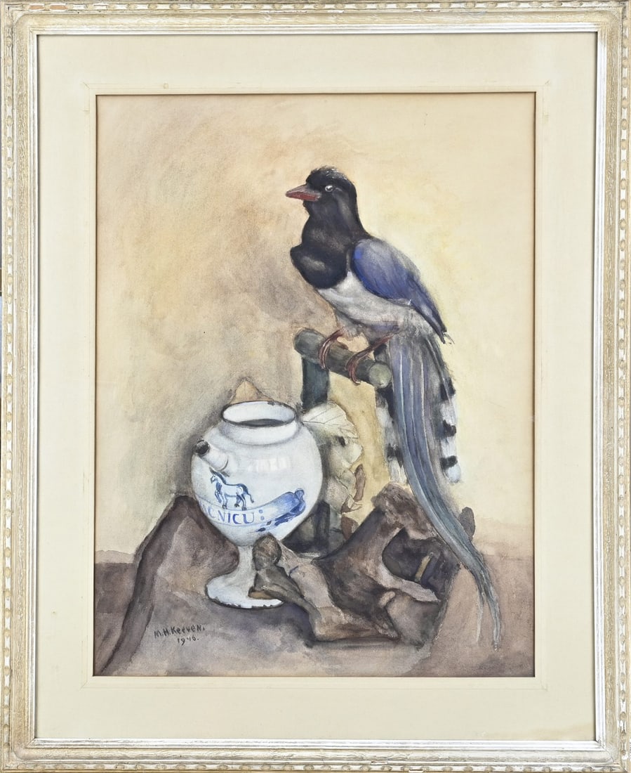 MH Keeven, Still life: MH Keeven, 1946. Still life with magpie and Delft apothecary jar. Watercolour on paper. Dimensions: H 68 x W 49 cm. In good condition.
