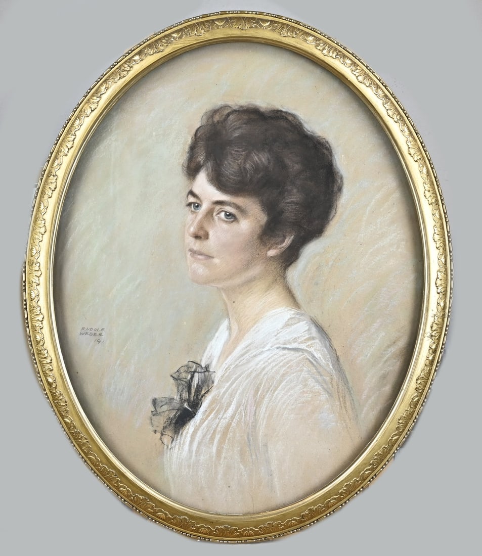 Rudolf Weber, Portrait of a Lady: Oval portrait of a woman by Rudolf Weber. German School. 1919. Pastel on linen. Dimensions: H 65 x W 52 cm. In good condition.
