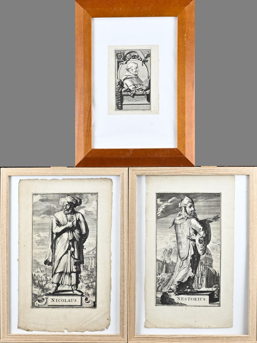 3x Antique engraving: Three antique engravings. Namely; Saint Nestorius - Arnold de Hooghe 1701, Saint Nicolaus - Arnold de Hooghe 1701, Saint Idesbalde of the B. Picart 1714. Engravings on paper. Size: 16 - 34 cm. In