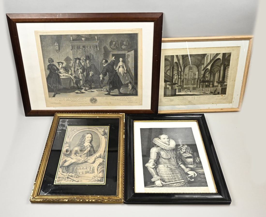 4x Antique engraving: 4x Various antique engravings. 1x The Mathematicians or the fled young lady, Amsterdam, P. Fouguet Jr. 1x Excellent Tissimus Princeps, Ambrosius Sponola, F. Muller Sculpsit. 1x View of the Westerkerk