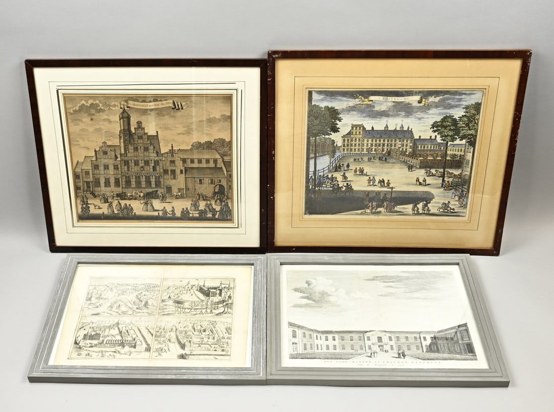 4x Engraving: Four 17th - 18th century Dutch engravings. 1x Quadriptych Breda, Jansonius 1651. 1x The old men's and women's hospital Noordzijde. 1x The Buitenhof, R. Boitet. 1x The house of Assendelft, now 't Hof