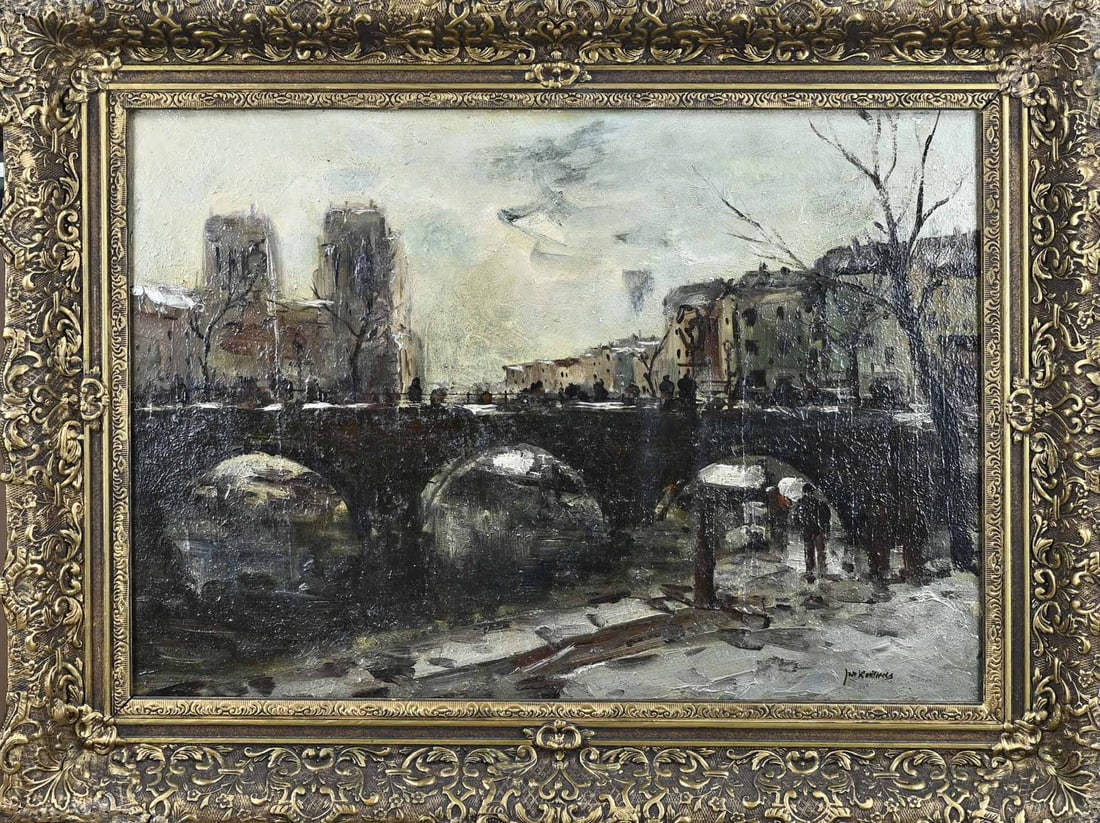 Jan Korthals, Cityscape of Paris in winter: Jan Korthals. 1916 - 1972. Cityscape Paris in winter. Oil on canvas. Restorations. Dimensions: H 50 x W 70 cm. In moderate condition.
