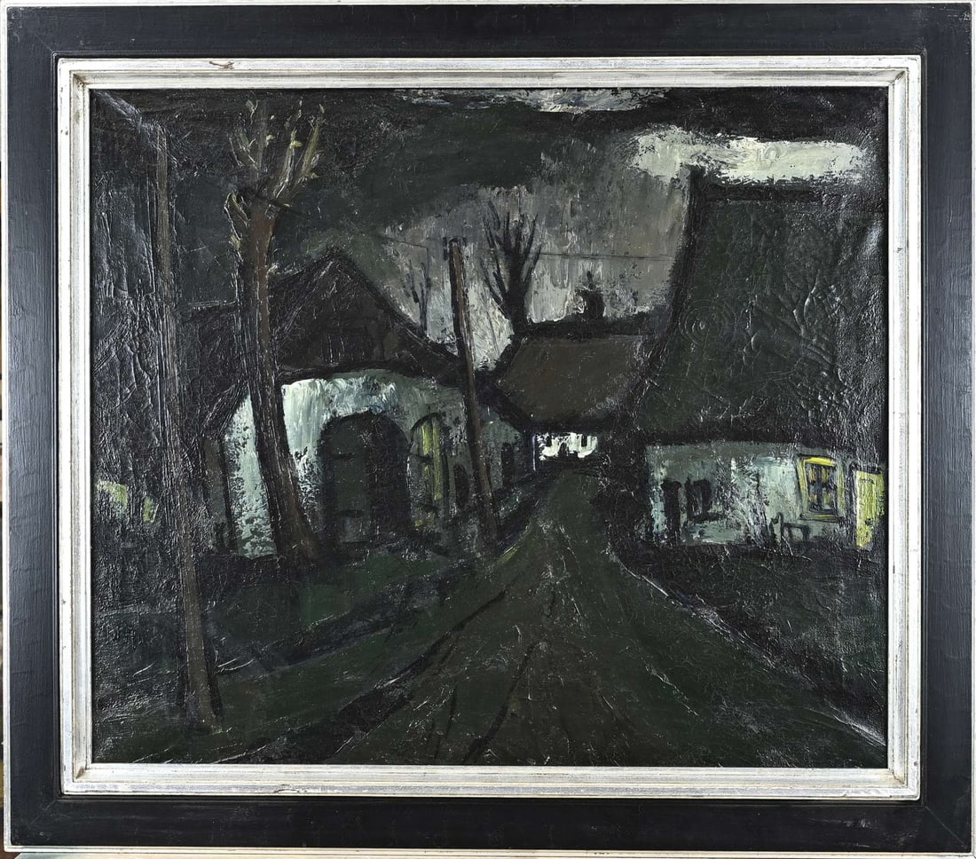 Monogram, Farm at night: Monogram VOH or WH 1948. Farmhouse at night. Dutch or Belgian School. Oil on canvas. Dimensions: H 60 x W 70 cm. In good condition.