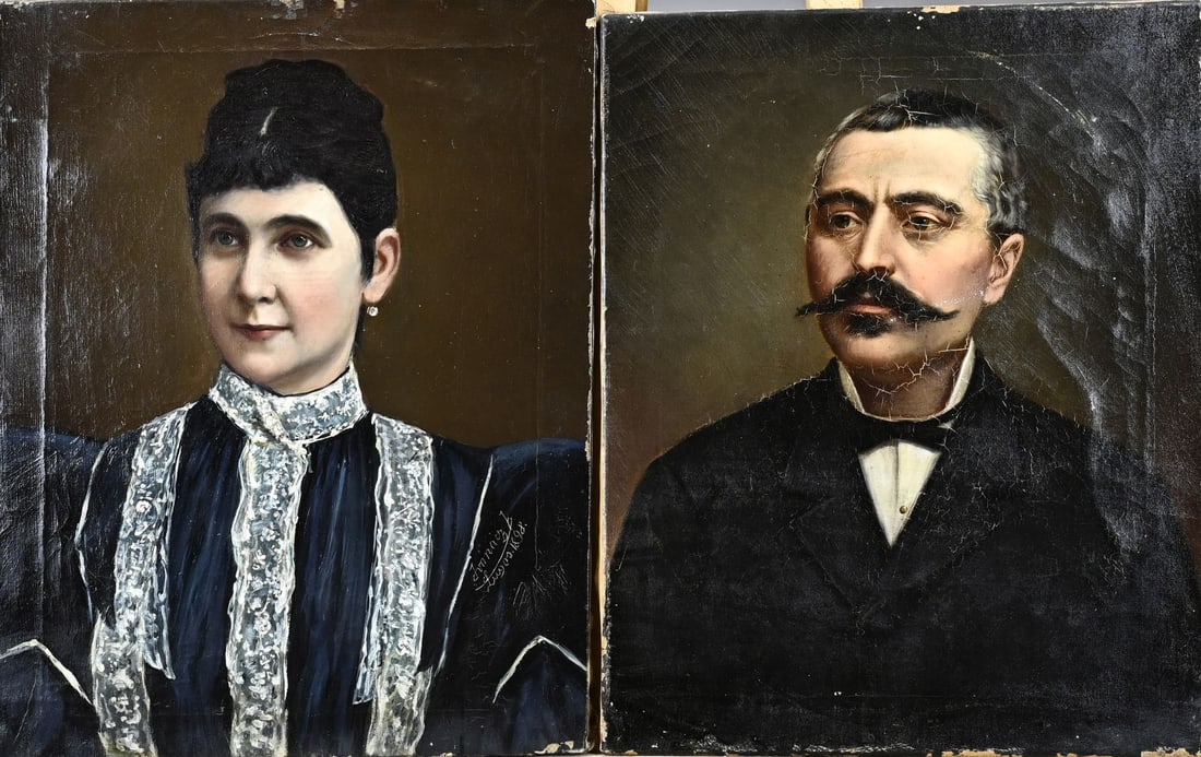 2x Ivanqiz J. Lugos, 2x Portrait: 2x Portrait. 19th Century. 1898. Ivanqiz J. Lugos. Ladies + gentlemen portrait. Oil on linen. Dimensions: H 55 x W 43 cm. In reasonable condition.