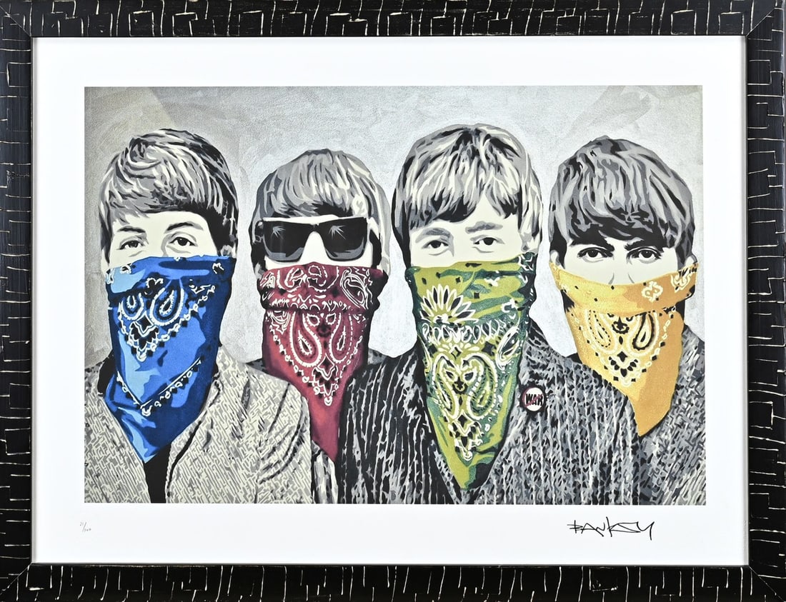 Banksy, Beatles: Banksy. No. 21/300. Beatles. With watermark printer. Litho on paper. Dimensions: H 55 x W 75 cm. In good condition.