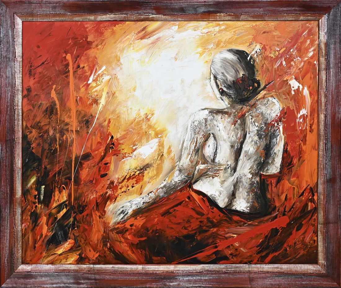 Unsigned, Half-naked lady: Unsigned. Large modern painting. Half-naked lady. Acrylic on linen. Second half 20th century. Dimensions: H 100 x W 120 cm. In good condition.