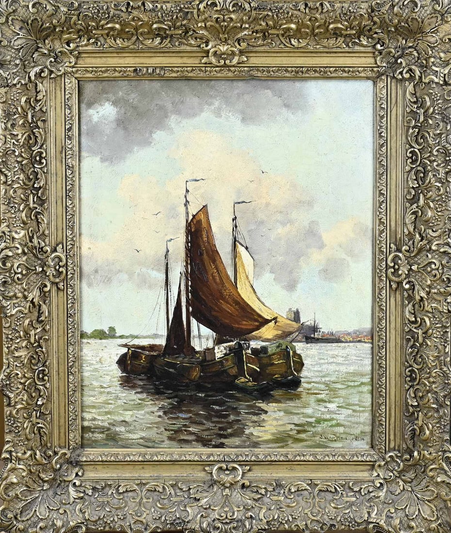 J. Warmenhoven, Flat-bottomed boats at sea: J. Warmenhoven. 1862 - 1942. Flat-bottomed ships at sea. Oil on linen. Dimensions: H 60 x W 50 cm. In good condition.