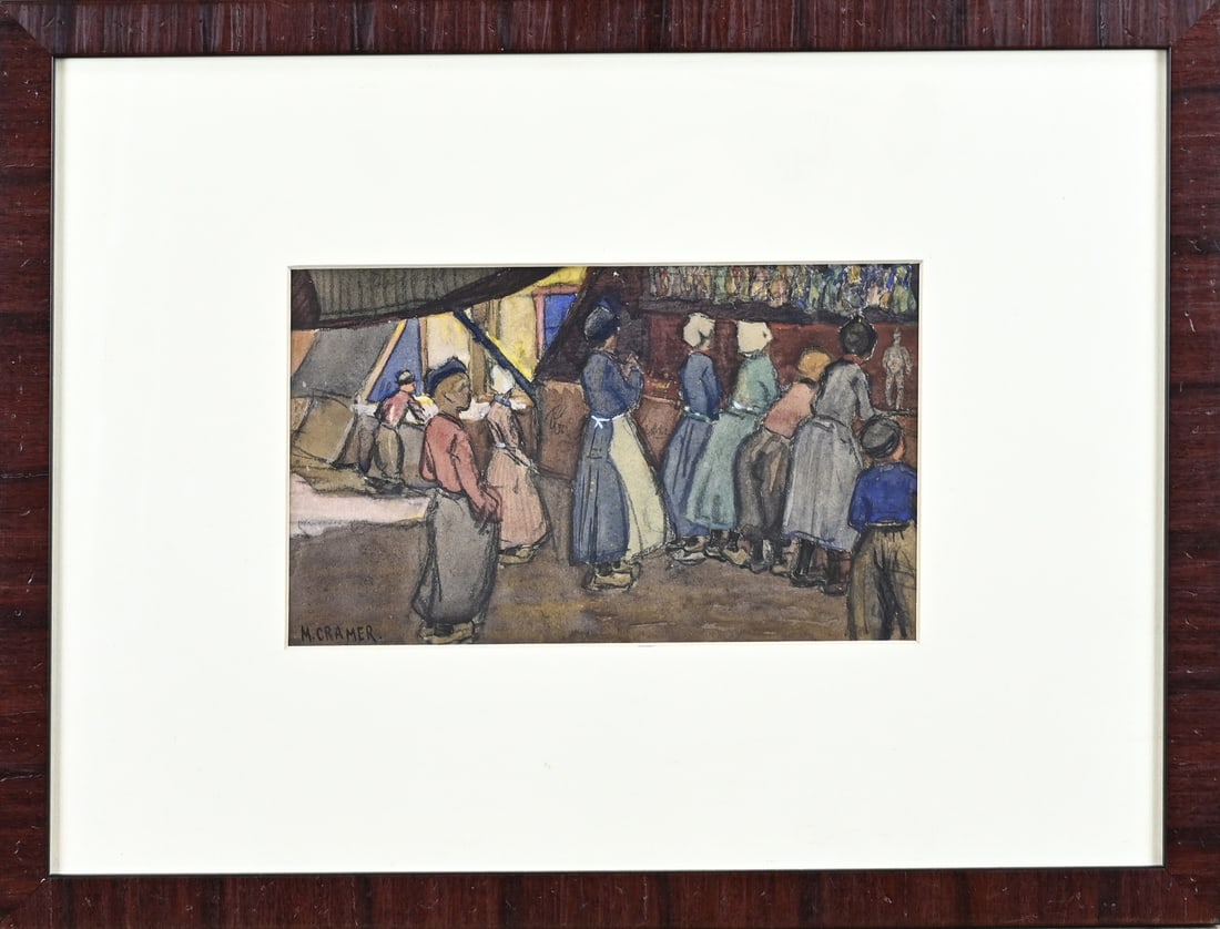 Marie Cramer, Village festival with attraction: Marie Cramer. 1887 - 1977. Village festival with attraction. Mixed media on paper. Dimensions: H 14 x W 23 cm. In good condition.