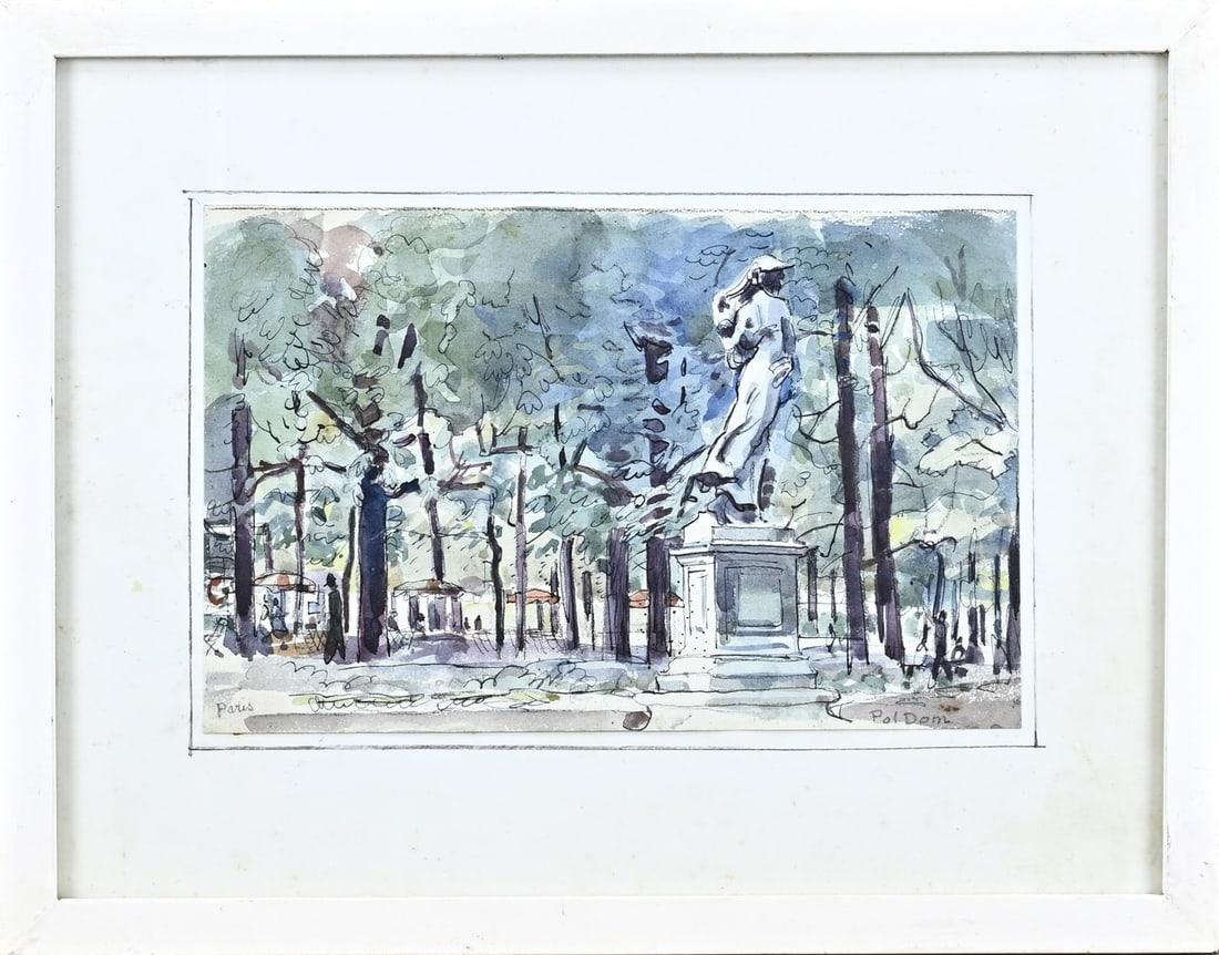 Pol Dom, Cityscape of Paris.: Pol Dom. 1885 - 1978. Cityscape Paris with figures in park. Watercolour on paper. Dimensions: H 15 x W 22 cm. In good condition.