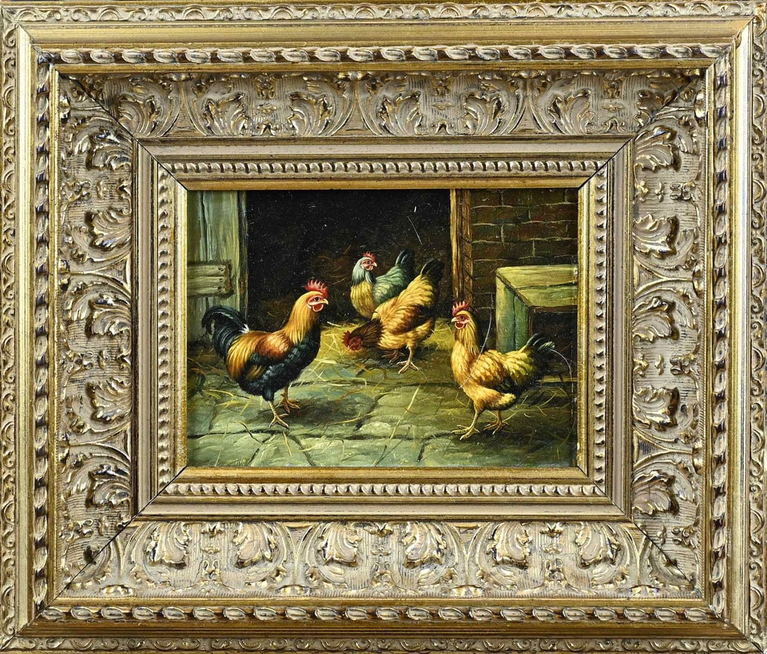 Unsigned, Chickens in the barn: Unsigned. Second half 20th century. Chickens in front of the stable. Oil on panel. Dimensions: H 12 x W 18 cm. In good condition.