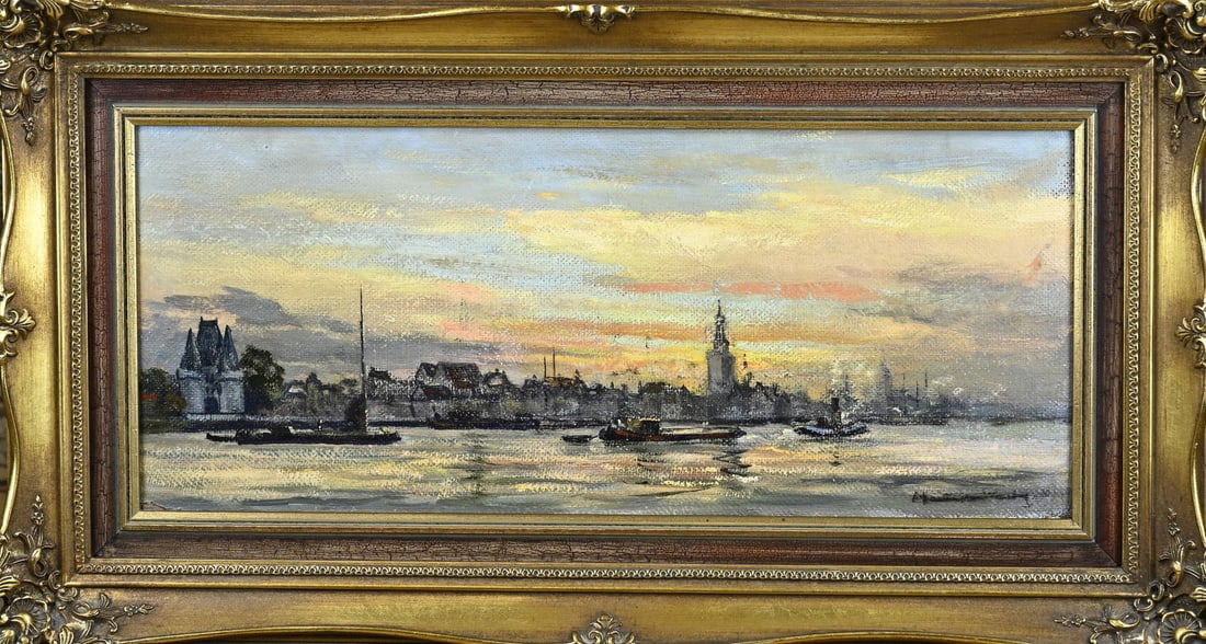 Martin van Waning, Dutch harbour view: Martin van Waning. 1889 - 1972. Dutch harbour view. Oil on canvas. Marouflé. Dimensions: H 25 x W 5.5 cm. In good condition.