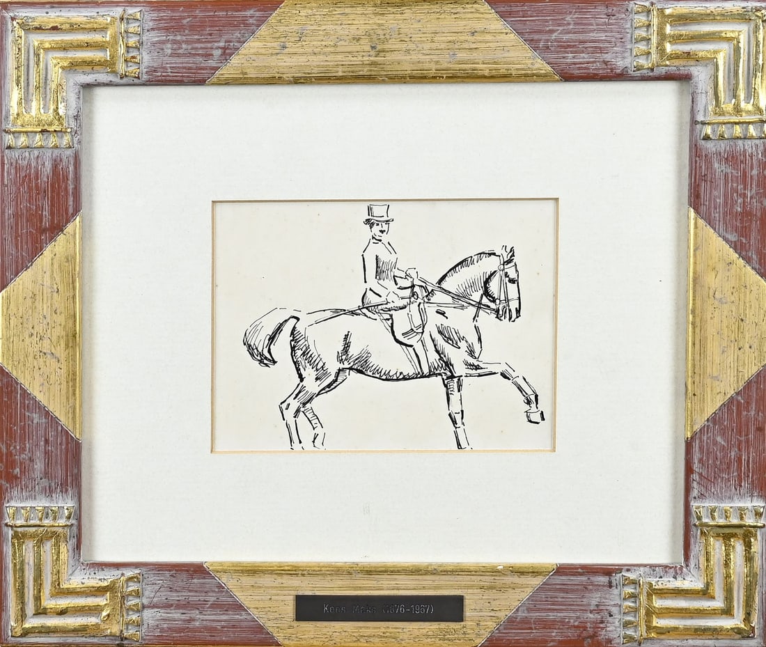 Unsigned, Amazon on Horseback: Unsigned. Attributed to CJ Maks. Amazon on horseback. Black ink on paper. Dimensions: H 12 x W 16 cm. In good condition.