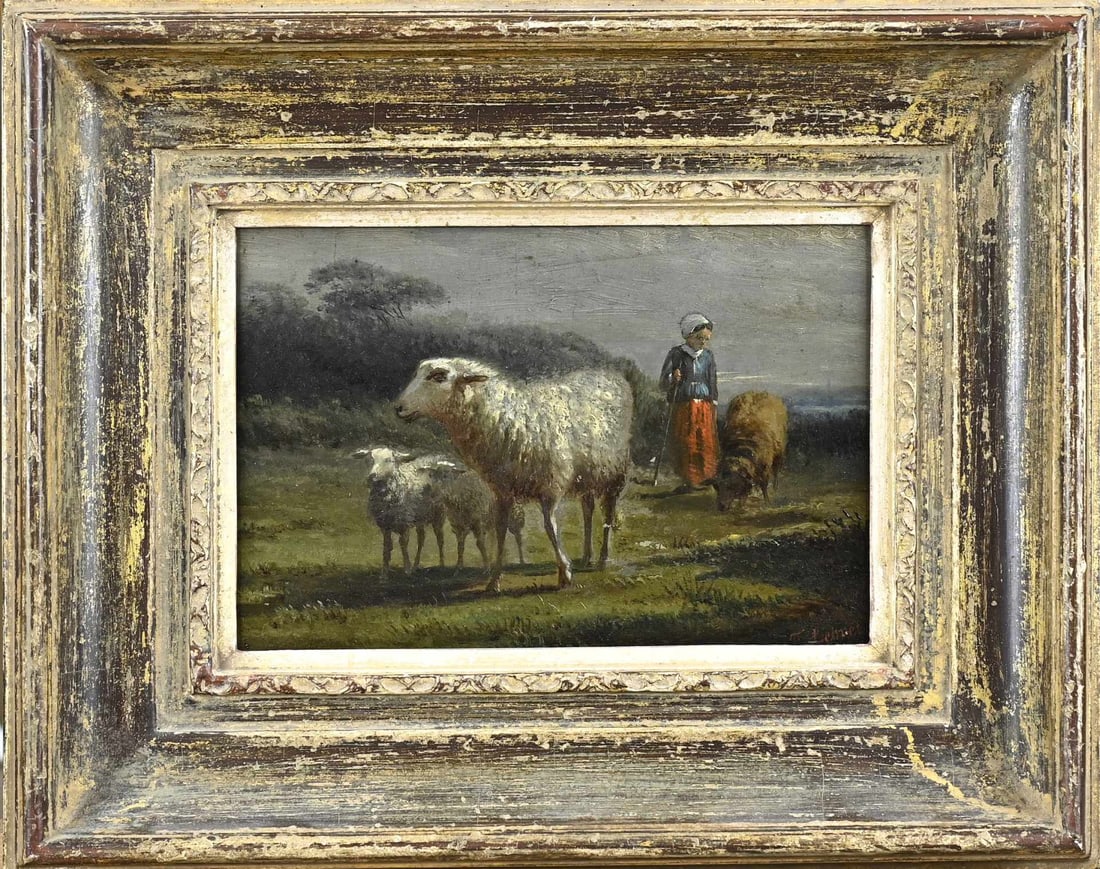 Frans Lebret, Landscape with sheep and shepherd: Frans Lebret. 1820 - 1909. Landscape with sheep and shepherd. Oil on panel. Dimensions: H 14 x W 20 cm. In good condition.