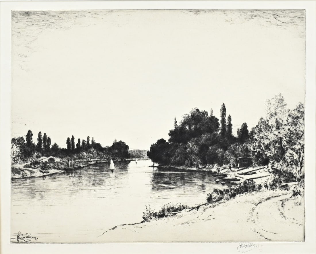 John Fullwood, Riverscape 'Thames': John Fullwood. 1854 - 1931. English School. River view 'Thames'. Etching on paper. Dimensions: H 27 x W 33 cm. In good condition.