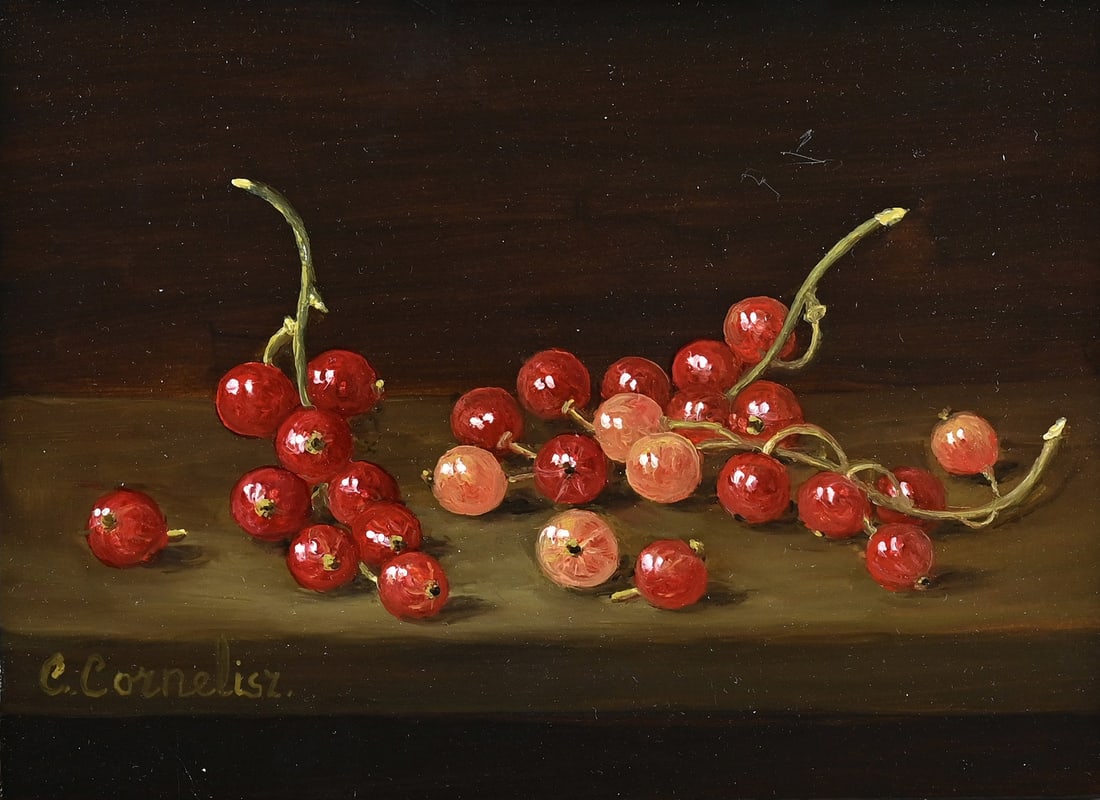 C. Cornelisz, Red currants: C.Cornelisz. 21st Century. Still life with red berries. Oil on panel. Dimensions: H 13 x W 18 cm. In good condition.