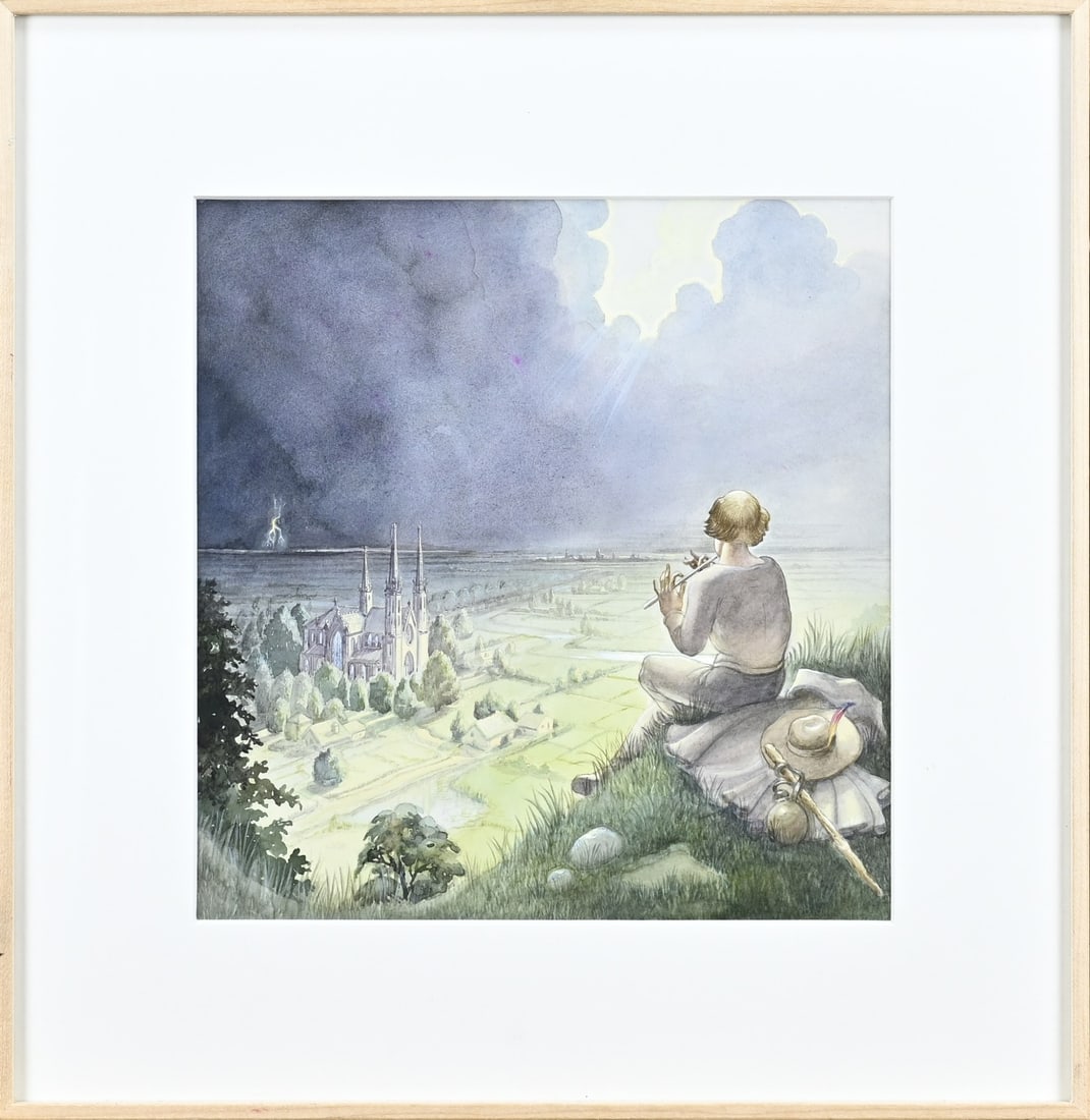 Rinse Hamstra, Flute playing man on mountain: Rinse Hamstra. 1895 - 1974. Flute playing man on mountain. Watercolour on paper. Dimensions: H 24 x W 23 cm. In good condition.