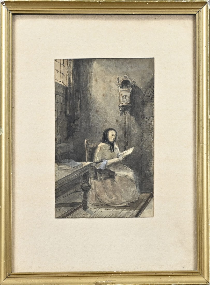 JAB Stroebel, Woman Reading at a Chair Clock: JAB Stroebel. 1821 - 1905. Woman reading at chair clock. Watercolour on paper. Dimensions: H 17 x W 11 cm. In good condition.