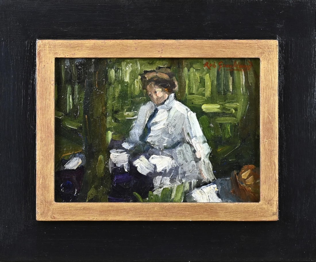 Rob Graafland, Seated woman: Rob Graafland. 20th Century. Seated woman. Oil on panel. Dimensions: H 13 x W 18 cm. In good condition.
